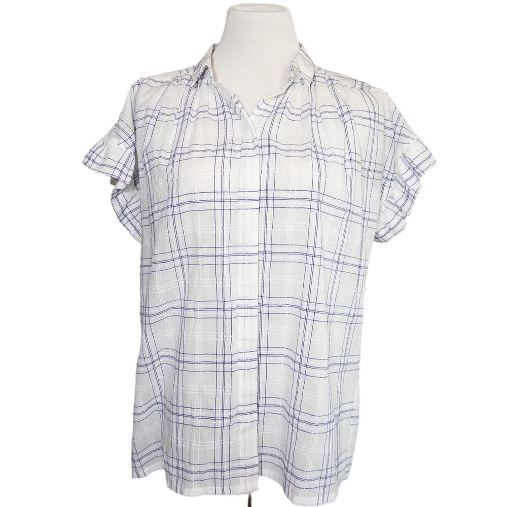 Trovata Birds Of Paradis Marianne Ruffle Sleeve Button Down White Blue Small